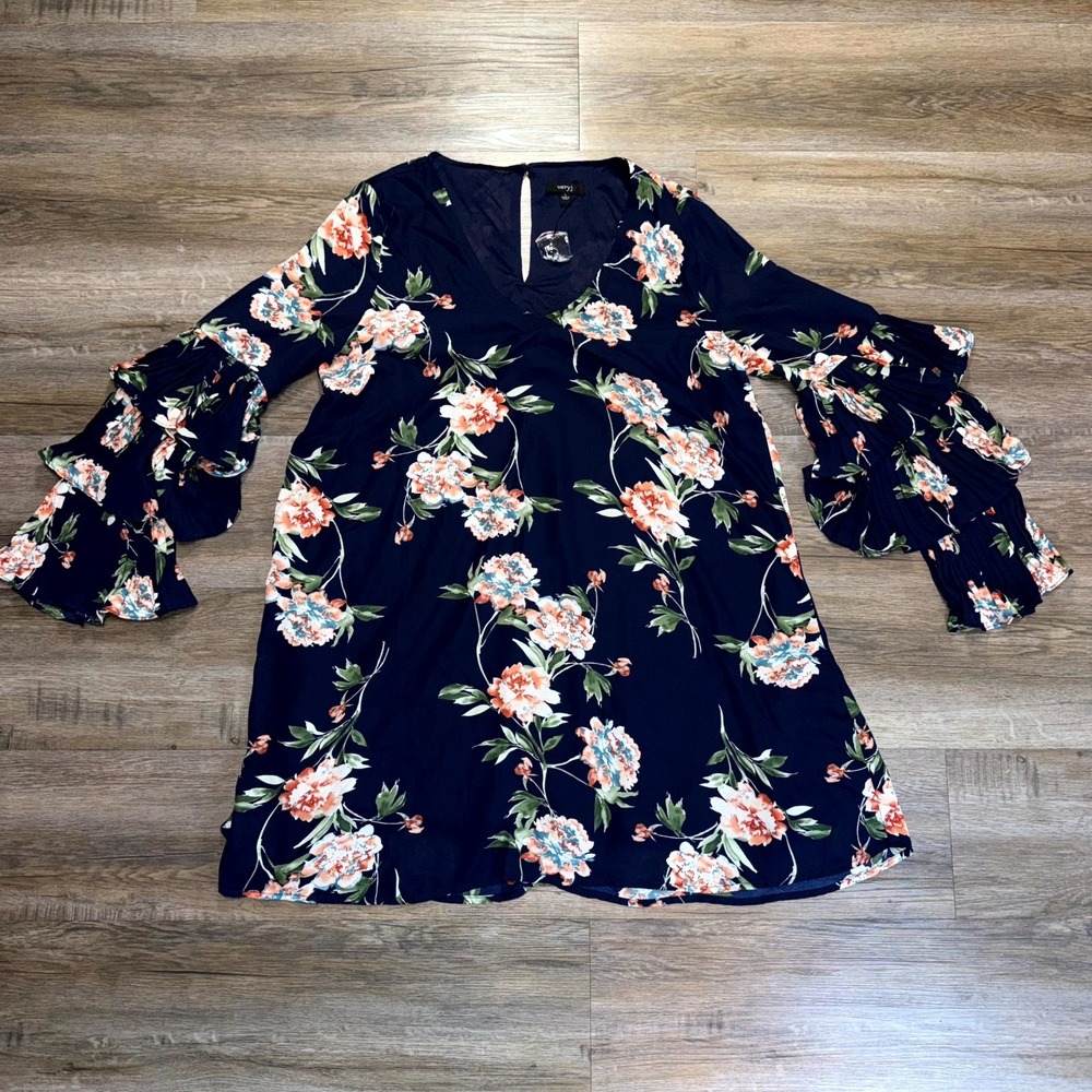 Very J Shift Dress Womens Large Navy Floral Pleated Ruffle Bell Sleeves V-Neck